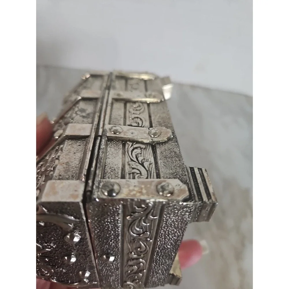 Vintage Silver Tone Treasure Chest Music Box Trinket Box Velvet Lined Japan Read